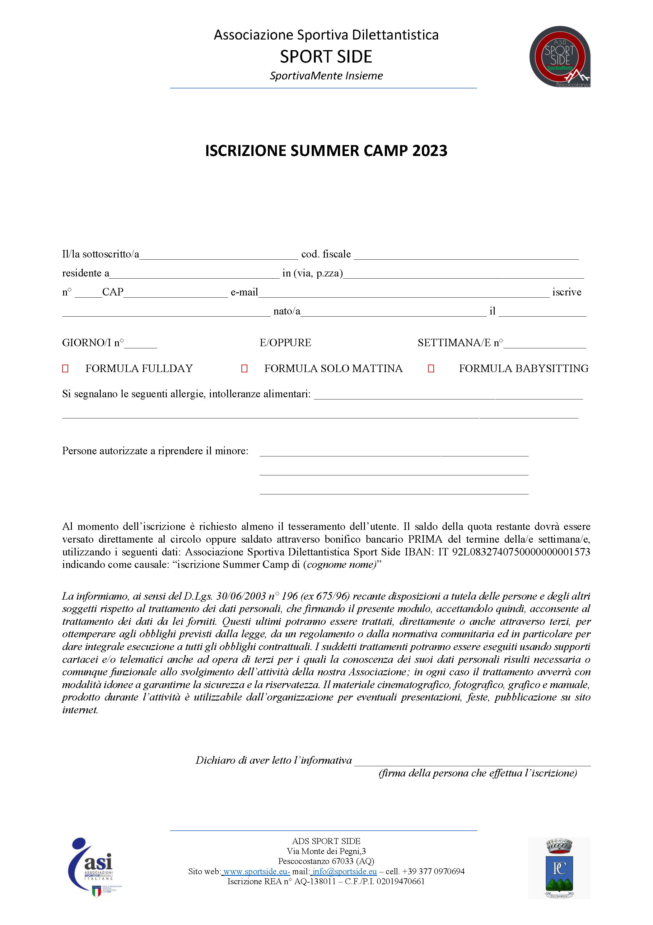 Iscrizione Summer Camp Associazione Sportiva Dilettantistica Sportside